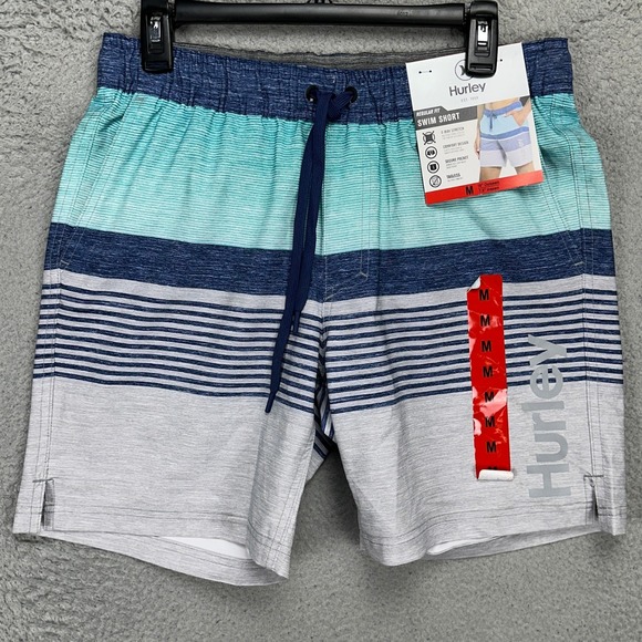 Hurley Men Swim Shorts Medium Blue Gray Stripe Drawstring Pocket Swim Trunks NEW